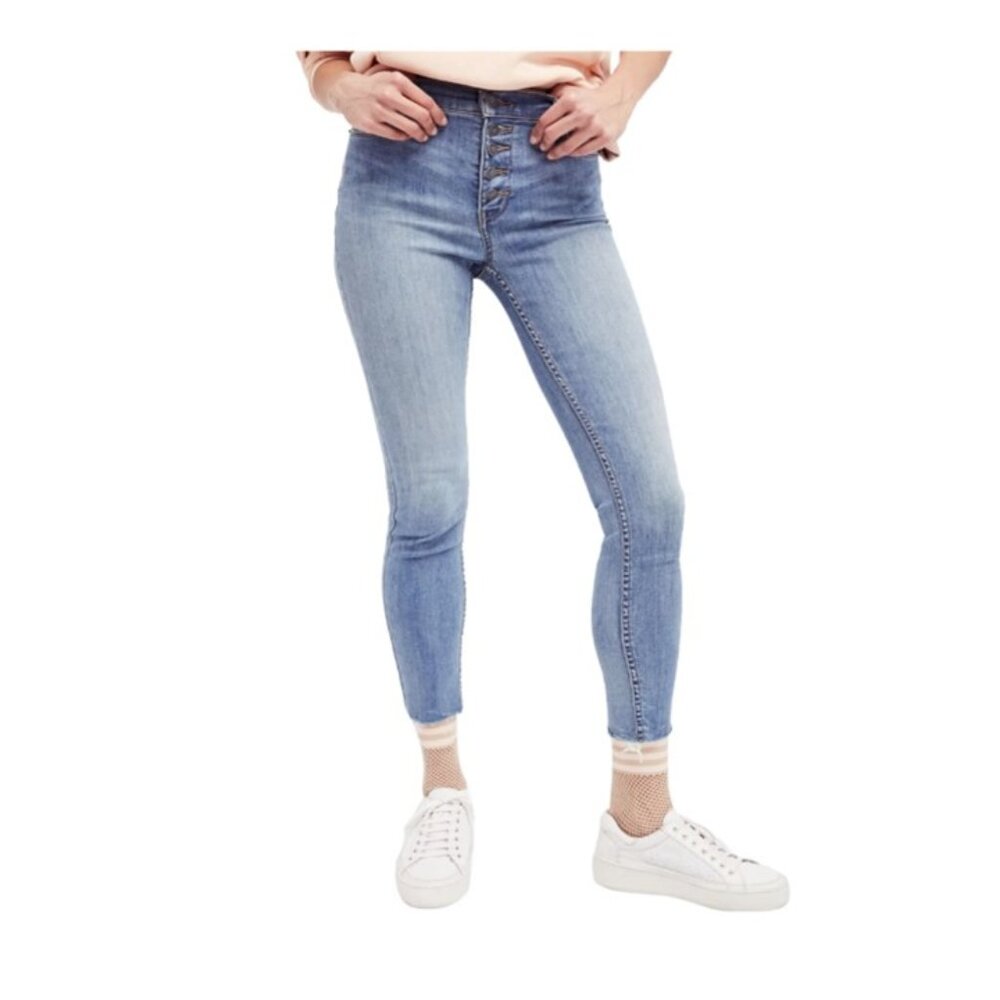 Free People Light Wash Reagan Button Fly Raw Hem Stretchy Skinny Jeans Womens 26